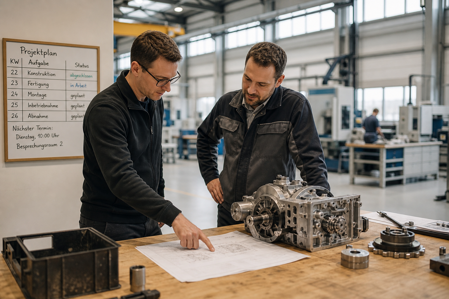 Zwei Ingenieure besprechen technische Spezifikationen in einem modernen Maschinenbaubetrieb.