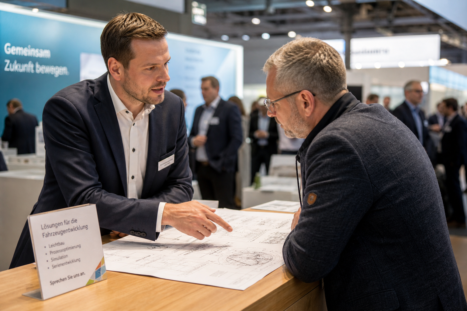 Ein Berater und ein Kunde im intensiven Fachgespräch an einem Messestand für den Maschinenbau.