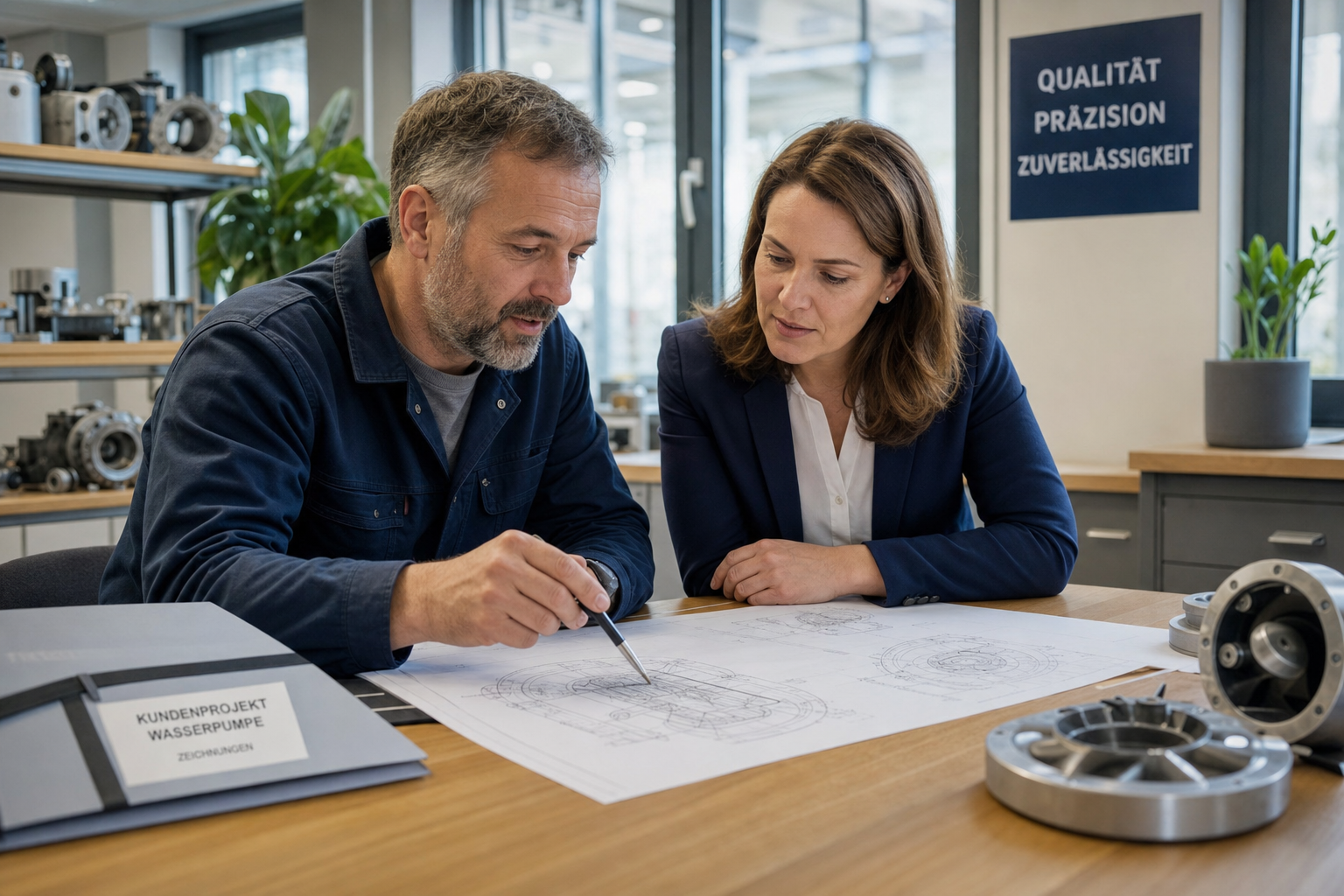 Ein Ingenieur und ein Vertriebsmitarbeiter besprechen technische Unterlagen in einem modernen Konstruktionsbüro.